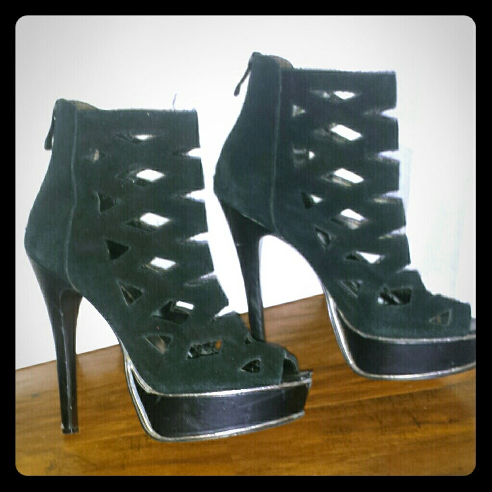 BEBE BLACK SUEDE CAGED HEELS